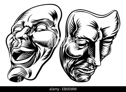 An original illustration of Theatre Masks, comedy and tragedy, in a vintage style Stock Photo