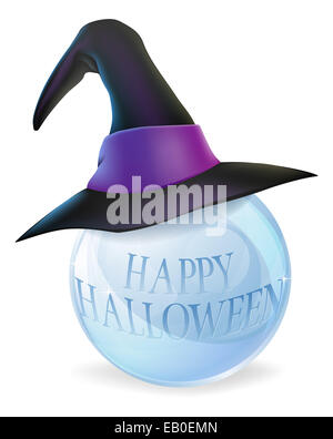 A cartoon Halloween witch hat on a crystal ball with Happy Halloween message on ball Stock Photo