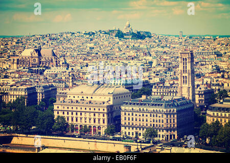 Paris aerial view, France - vintage toned photo. Stock Photo