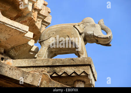Stone elephant in saluting posture on the exterior of Vijay Sthambh (Victory Tower) viewed from  stairs inside tower, Chittorgar Stock Photo