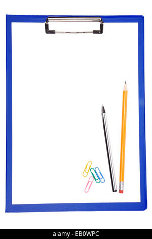 blue clipboard with paper, pen and pencil isolated on white background Stock Photo