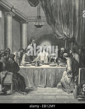 Jesus breaking bread at the Last Supper with the Apostles. Hand-colored ...