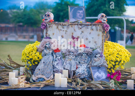 Traditional Mexican altar installation at the Dia De Los Muertos Experience in Coachella Stock Photo