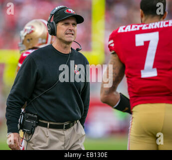 Halftime. 23rd Nov, 2014. San Francisco 49ers head coach Jim Harbaugh during the NFL football game between the Washington Redskins and the San Francisco 49ers at Levi's Stadium in San Francisco, CA. The 49ers Redskins lead at halftime. Credit: Damon Tarver/Cal Sport Media/Alamy Live News Stock Photo