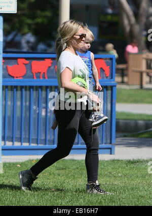 Hilary Duff and her son Luca seen leaving a park.  Featuring: Hilary Duff Where: Los Angeles, California, United States When: 21 May 2014 Stock Photo