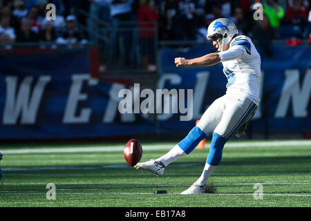 Foxborough, Massachusetts, USA. 23rd November, 2014. Detroit Lions punter Sam Martin (6) kicks the ball away during the NFL game between the Detroit Lions and the New England Patriots held at Gillette Stadium in Foxborough Massachusetts. The Patriots defeated the Lions 34-9. Credit:  Cal Sport Media/Alamy Live News Stock Photo