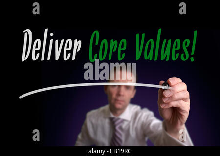 A businessman writing Deliver Core Values on a screen. Business Concept. Stock Photo