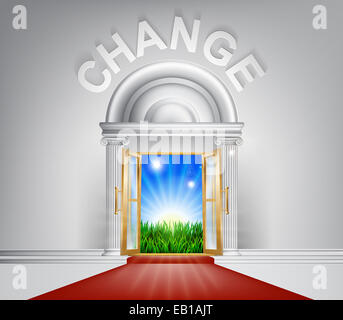 A conceptual illustration of Change door entrance opening onto a field of lush green grass. Concept for a positive life change Stock Photo