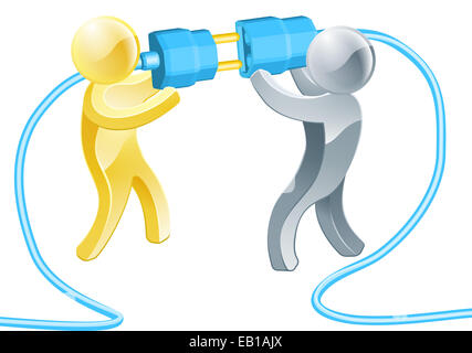 People connecting plug concept of gold and silver men joining electric plug and socket Stock Photo