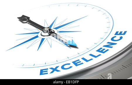 Excellence background concept. Compass needle pointing a blue word, decorative image suitable for left bottom angle of a page. Stock Photo