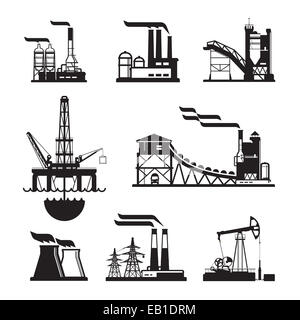 vector black factory icons set on gray. Factory, power plants and industrial buildings Stock Photo