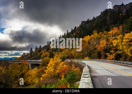 Autumn color and Linn Cove Viaduct, on the Blue Ridge Parkway, North Carolina. Stock Photo