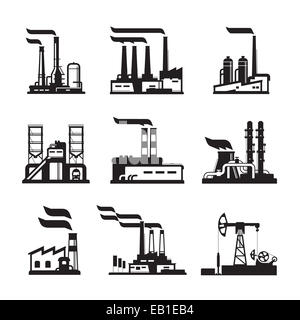 black factory icons set. Industrial buildings, nuclear plants and factories Stock Photo