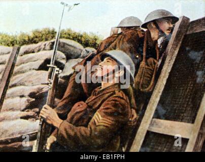 The contemporary colorized German propaganda photo shows English soldiers in the trenches with a mirror attached to a bayonet observing enemy positions during the Battle of the Somme 1916. Photo: Neumann Archive - NO WIRE SERVICE Stock Photo
