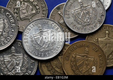 Coins of Cuba. Coat of arms of Cuba depicted in the Cuban peso coins. Stock Photo