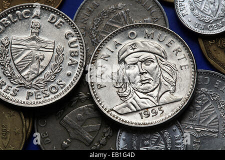 Coins of Cuba. Cuban national hero Ernesto Che Guevara depicted in the Cuban three peso coin. Stock Photo