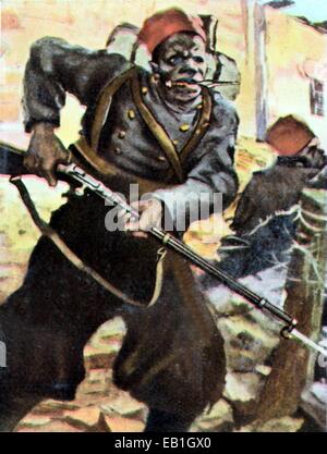 The contemporary colorized German propaganda photo shows a French colonial soldier from Senegal under the motto "Our World War Opponents," date and location unknown (1914-1918). Photo: Neumann Archive - NO WIRE SERVICE Stock Photo