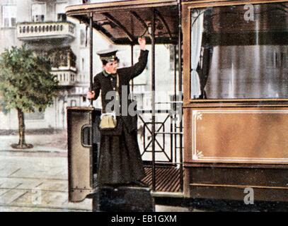 The contemporary colorized German propaganda photo shows a woman doing her job as streetcar conductor, a job, that before the war was reserved for men, date and location unknown (1914-1918). Photo: Neumann Archive - NO WIRE SERVICE – Stock Photo