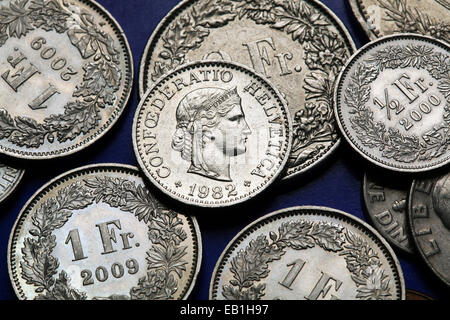 Coins of Switzerland. Libertas head depicted in the Swiss 10 rappen coin. Stock Photo