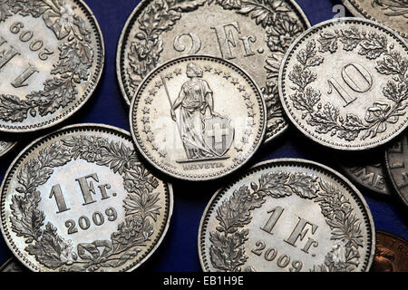 Coins of Switzerland. Standing Helvetia depicted in the Swiss half franc coin. Stock Photo