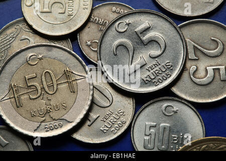 Coins of Turkey. Bosphorus Bridge over the Bosphorus strait in Istanbul depicted in the Turkish 50 kurus coin. Stock Photo