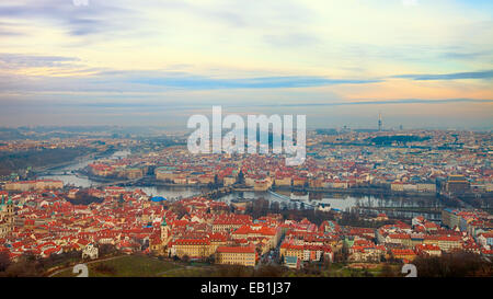Bird's eye view of Prague river with bridges Stock Photo