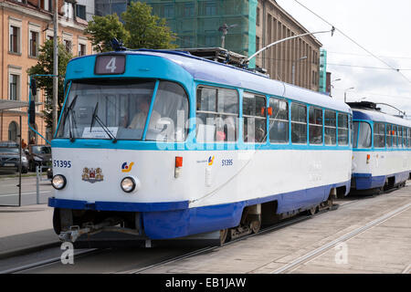 Tram or Trolley Bus at Stop in Riga, Latvia Stock Photo