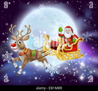 Christmas cartoon illustration of Santa clause in his sleigh or sled flying in front of a big full moon Stock Photo