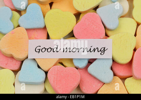 Good morning card with colorful sugar hearts Stock Photo