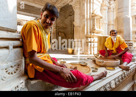 Monks Making Incense Sticks, Ranakpur Jain Temple, Rajasthan, India Stock Photo