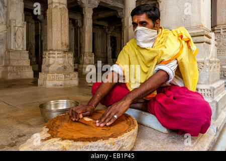 Monks Making Incense Sticks, Ranakpur Jain Temple, Rajasthan, India Stock Photo