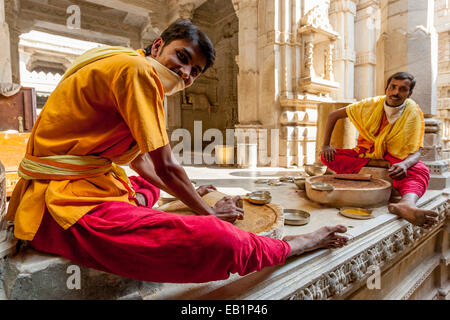 Monks Making Incense Sticks, Ranakpur Jain Temple, Rajasthan, India Stock Photo