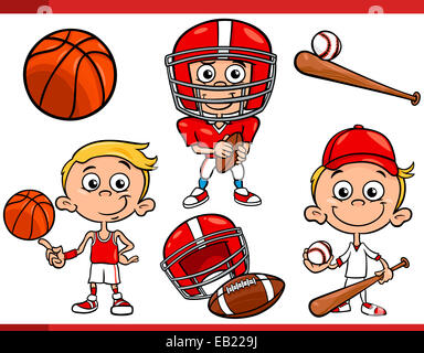 Cartoon Illustration of Funny Boy with American Football and Basketball and Baseball Sport Equipment Stock Photo