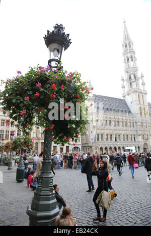 Flower stall Brussels Grand Place Grote Markt Town Hall Belgium Stock Photo