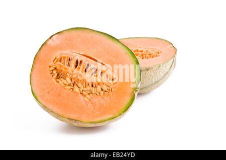 Fresh cantaloupe melon slices isolated on white background, fruits Stock Photo