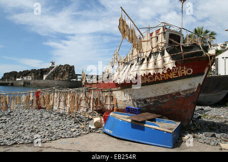 Fish drying on a boat in the sun in Madeira, Portugal. Stock Photo
