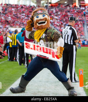 The San Francisco 49ers Mascot, Sourdough Sam, fires t-shirts into