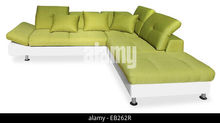 Big green sofa with pillows, isolated on white background with Clipping Path Stock Photo