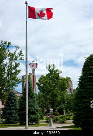 Canada Calgary - 9 july 2011: Canadian flag with Calgary tower in background. Stock Photo