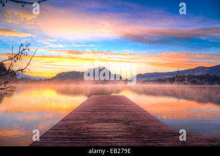 Amazing sunrise at the lake Bled in winter, Slovenia, Europe Stock Photo