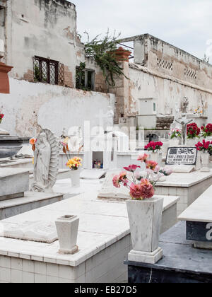 Mexican above ground white marble graves Christian statuary, and grave offerings of red roses, in the Panteon de San Roman cemetery, Campeche, Mexico. Stock Photo