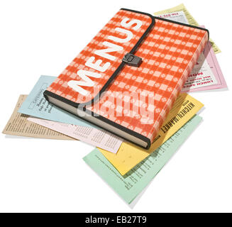 orange and white picnic table menu holder photographed on a white background Stock Photo
