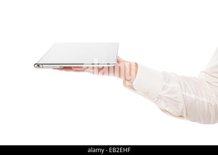 Isolated of male hand holding a touchpad pc - tablet Stock Photo