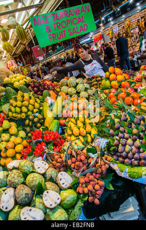 Fruit stall at Boqueria food market, Barcelona, Catalonia, Spain Stock Photo