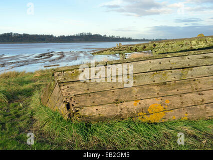 Remains of the Severn Collier, built in Stourport 1937, and beached at Purton in 1965 to help prevent the River Severn erroding Stock Photo