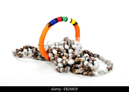 coiled Zulu beaded necklace with bright orange armband Stock Photo