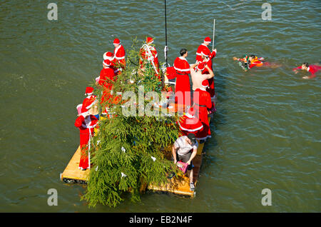 Boat during 'Nabada', a traditional water parade on the Danube River on Swear Monday, Ulm, Baden-Württemberg, Germany Stock Photo