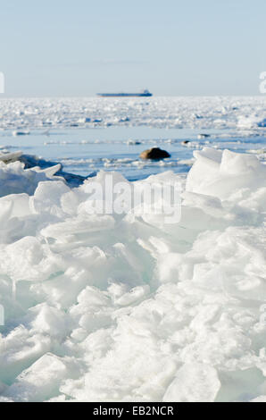 Pile of broken ice floes on the Baltic Sea coast Stock Photo