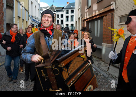 Music, dance, party and costumes in Binche Carnival. Ancient and representative cultural event of Wallonia, Belgium. The carniva Stock Photo