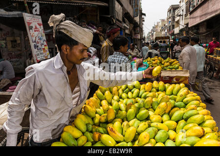 Street vendor selling mangoes in a side street, Old Delhi, New Delhi, Delhi, India Stock Photo